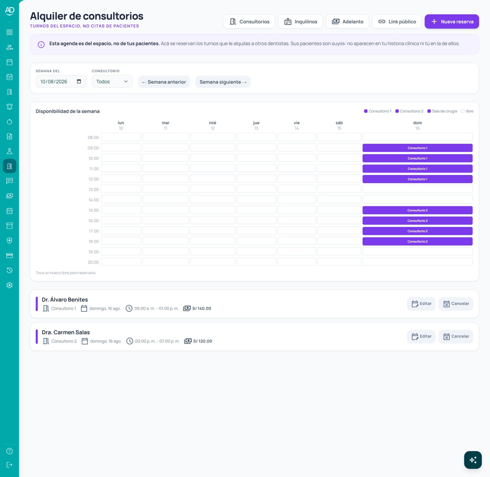 Agenda semanal del alquiler de consultorios.