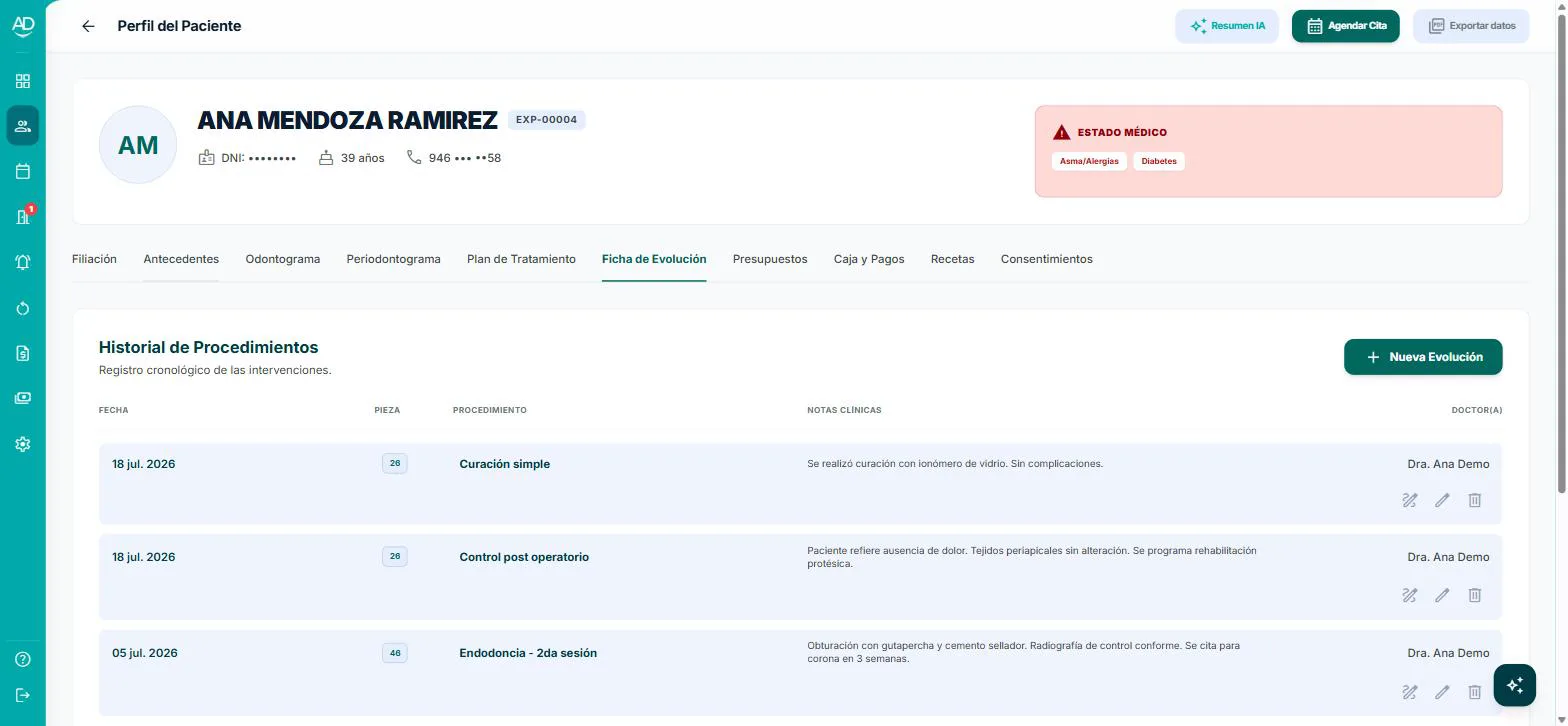 Ficha del paciente en AmperDent, con alertas médicas, historial de procedimientos y saldos.